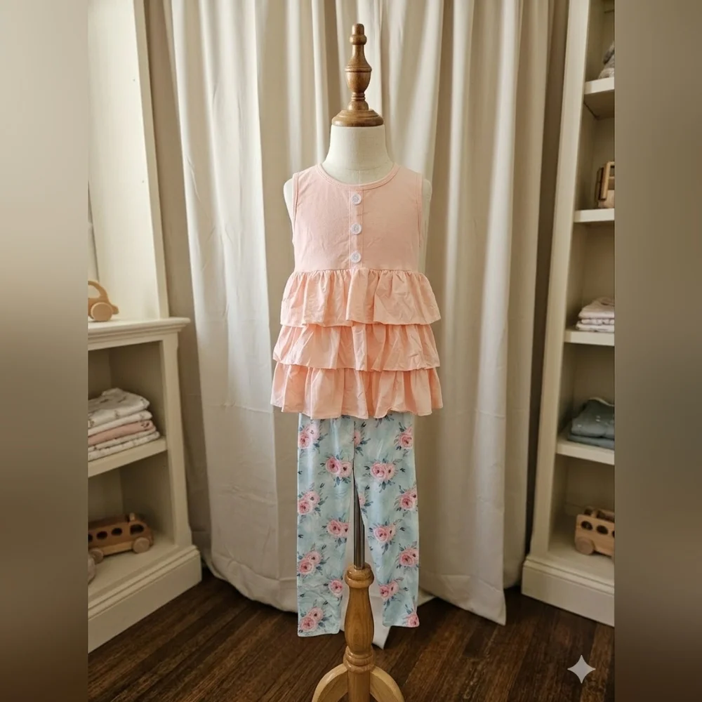 Adorable Sweetness 2-Pc Girls Peach Swing Top & Pastel Floral Leggings Set